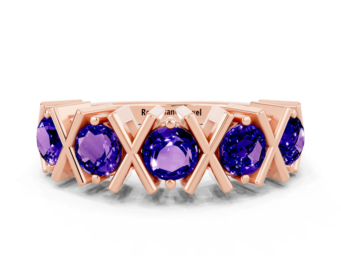 Rose gold Round Tanzanite Channel Set Band with X-Prong Detail_6