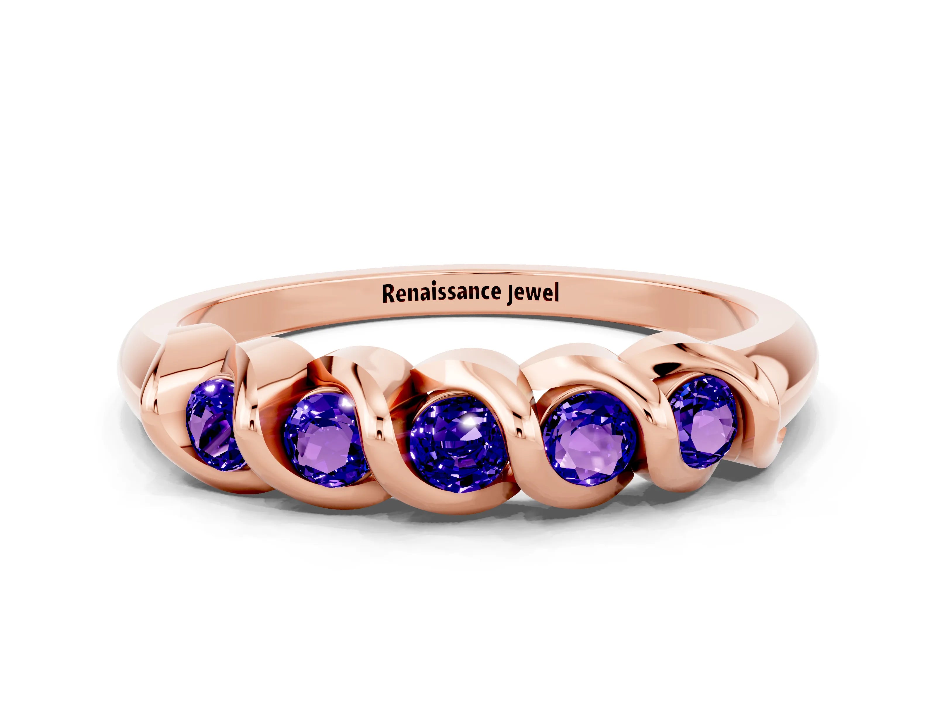 Rose gold Round Tanzanite Eternity Band with Twist Prong Setting_6