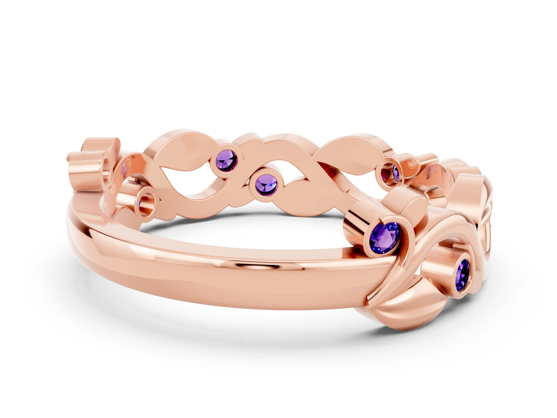 Rose gold Round Tanzanite Leaf Eternity Band with Bezel Setting_42