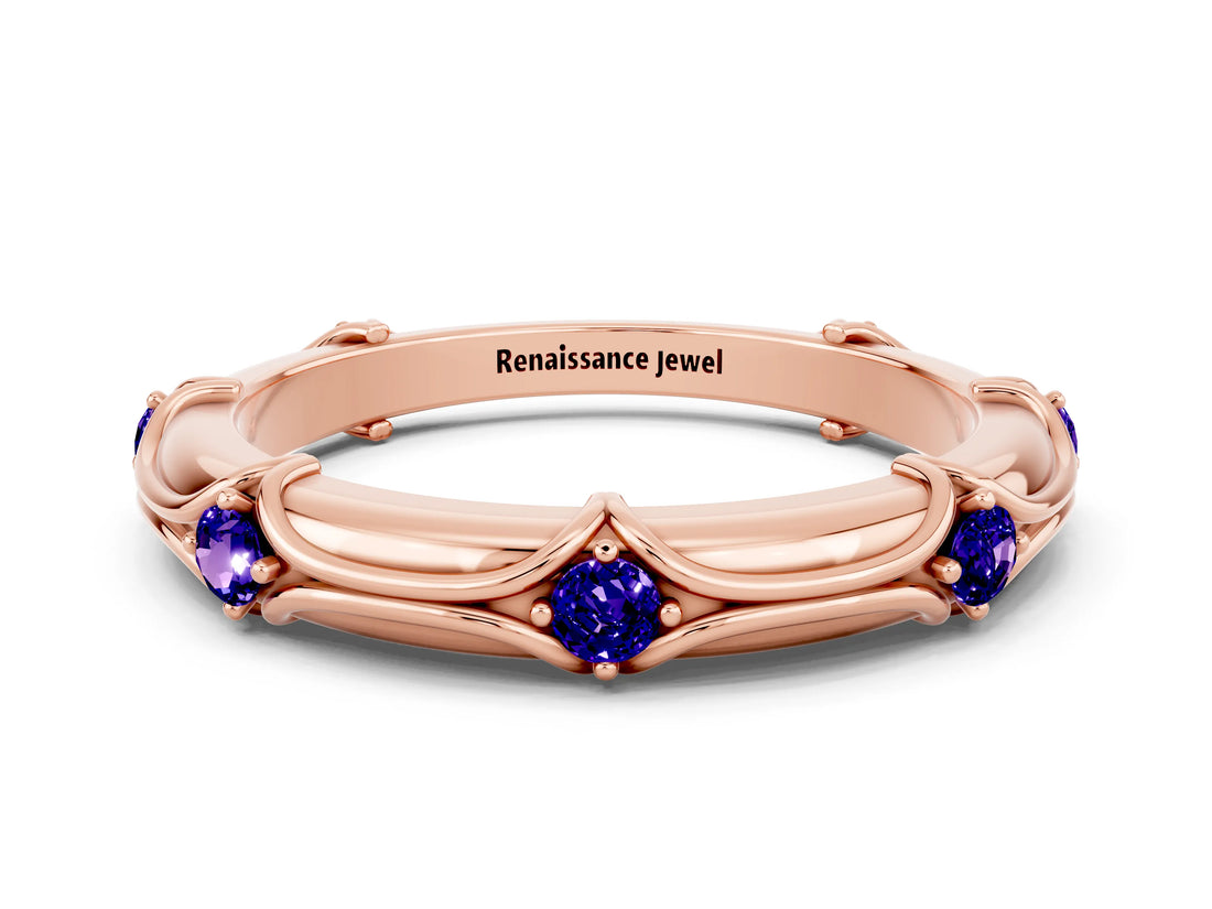 Rose gold Round Tanzanite Prong Set Milgrain Eternity Band_6