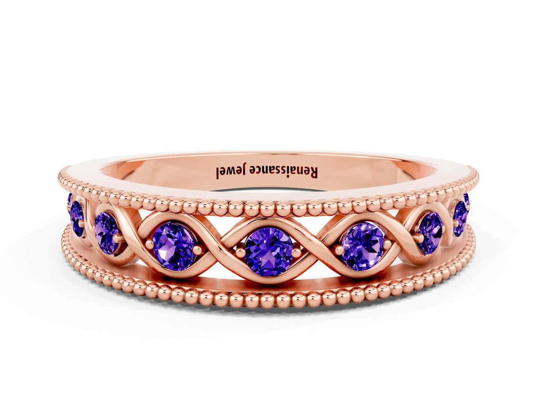 Rose gold Round Tanzanite Twist Milgrain Band with Bezel Setting_12