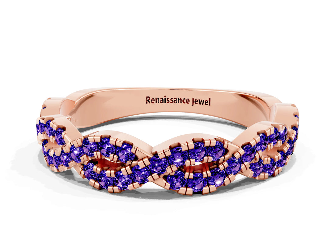 Rose gold Round Tanzanite Twisted Eternity Band with Pavé and Shared Prong Setting_18