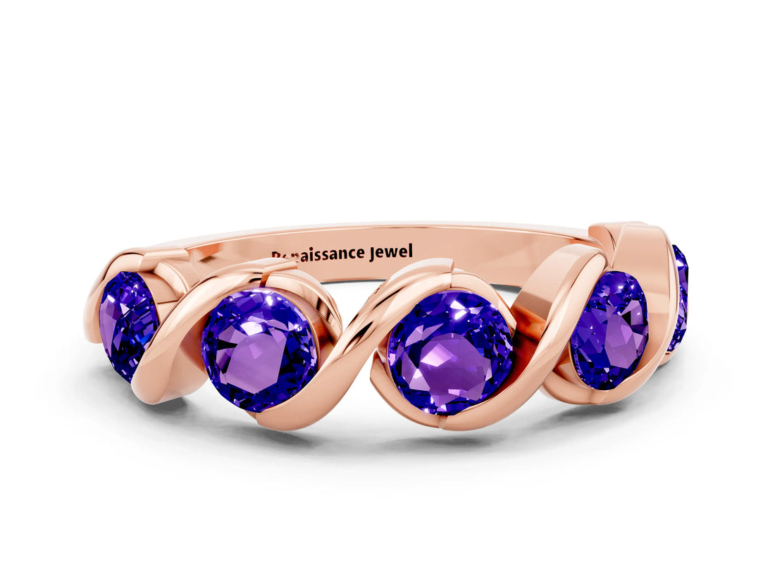 Rose gold Round Tanzanite Wave Band with Channel Setting and Shared Prongs_6