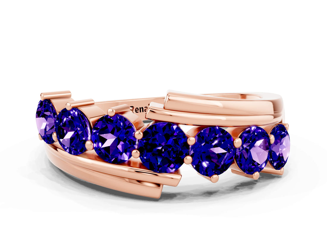 Rose gold Round Tanzanite Wave Band with Channel and Shared Prong Setting_18