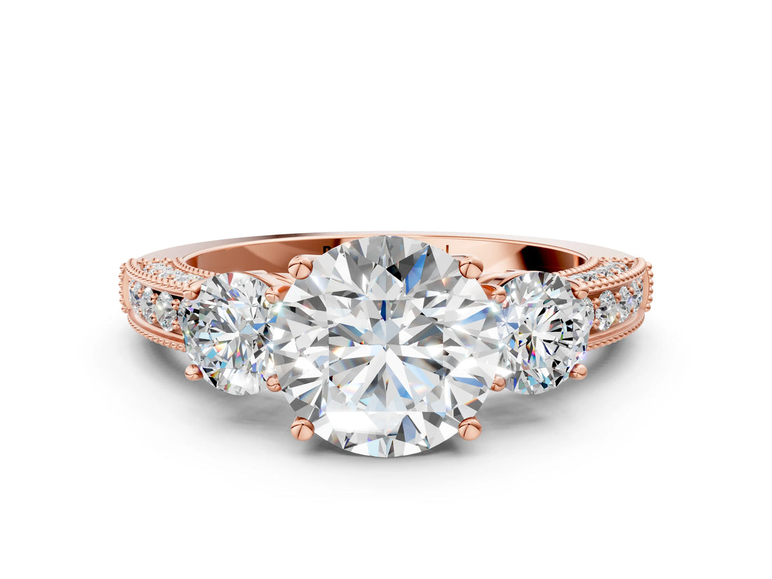 Rose gold Round Three-Stone Diamond Ring with Pavé Band and Four-Prong Setting_6