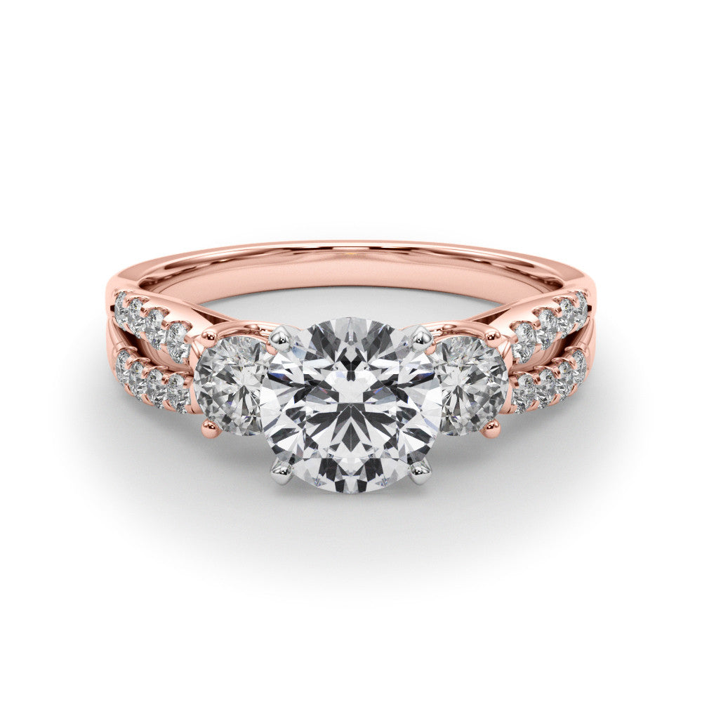 Rose gold Round Three-Stone Diamond Ring with Pavé Split Shank and Four-Prong Setting 1