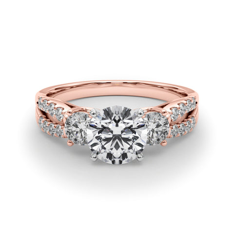 Rose gold Round Three-Stone Diamond Ring with Pavé Split Shank and Four-Prong Setting 1