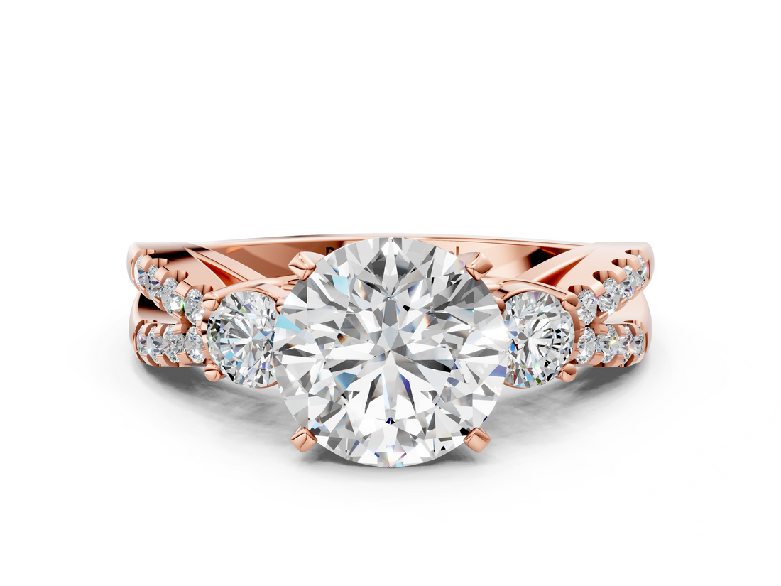 Rose gold Round Three-Stone Diamond Ring with Pavé Split Shank and Four-Prong Setting_100