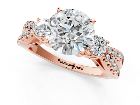 18K Rose Gold 5.04 Carat F VS1 Round Diamond Three-Stone Ring with Pavé Split Shank and Four-Prong Setting
