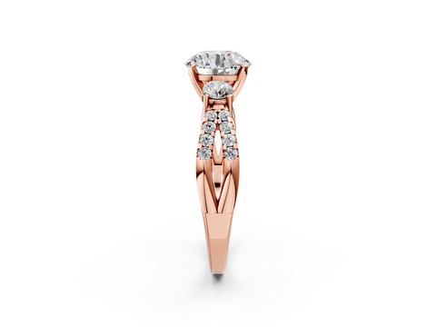 18K Rose Gold 5.04 Carat F VS1 Round Diamond Three-Stone Ring with Pavé Split Shank and Four-Prong Setting