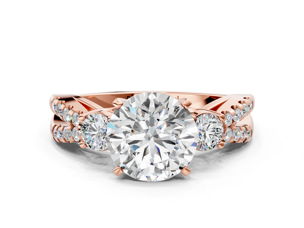 18K Rose Gold 5.04 Carat F VS1 Round Diamond Three-Stone Ring with Pavé Split Shank and Four-Prong Setting