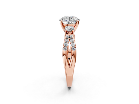 18K Rose Gold 5.04 Carat F VS1 Round Diamond Three-Stone Ring with Pavé Split Shank and Four-Prong Setting
