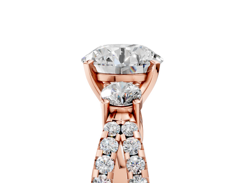 18K Rose Gold 5.04 Carat F VS1 Round Diamond Three-Stone Ring with Pavé Split Shank and Four-Prong Setting
