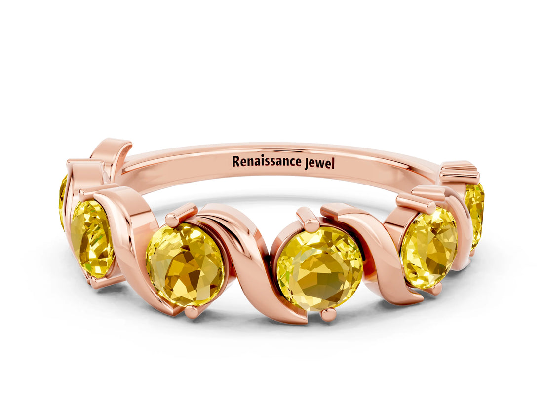 Rose gold Round Yellow Sapphire Half Eternity Band with Wave Prong Setting_6