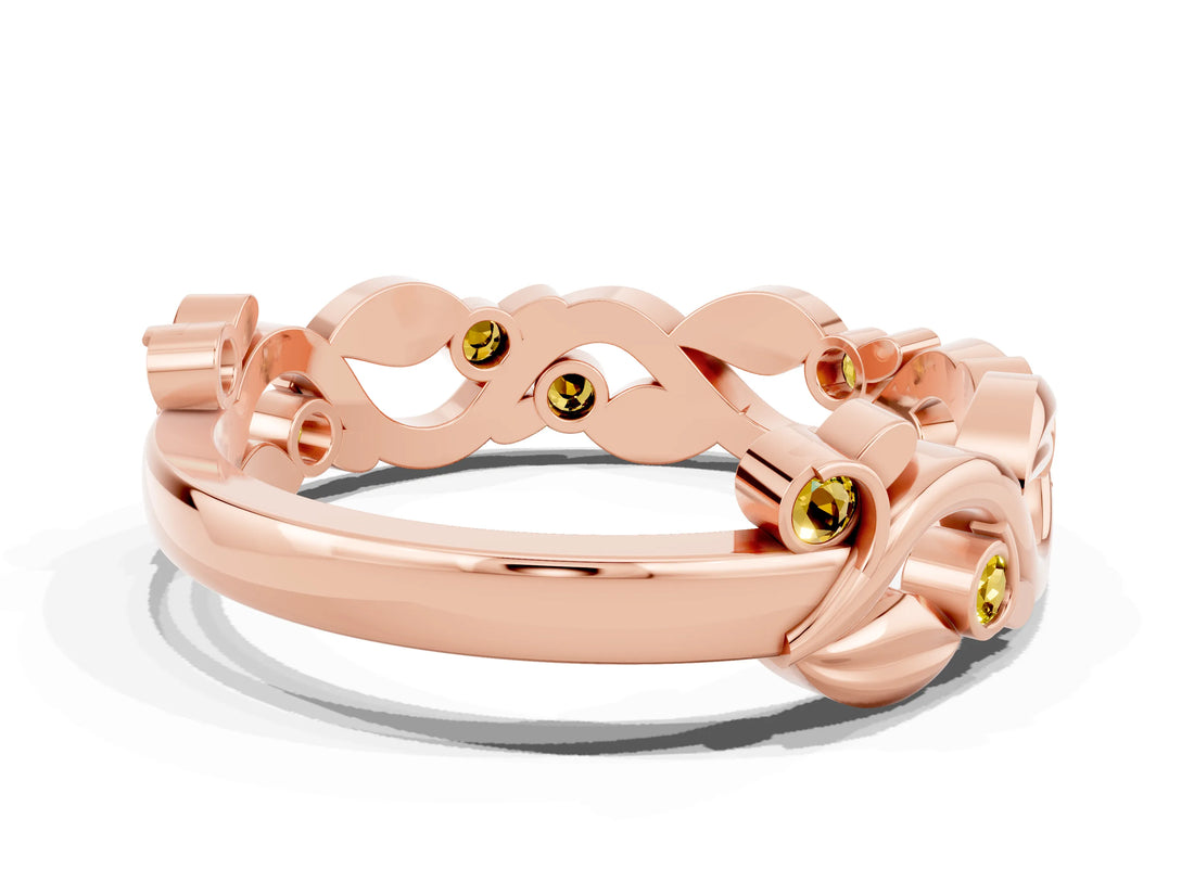 Rose gold Round Yellow Sapphire Leaf Eternity Band with Bezel Setting_90