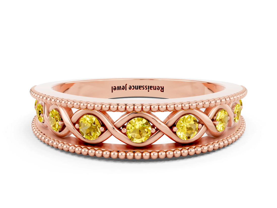 Rose gold Round Yellow Sapphire Twist Milgrain Band with Bezel Setting_12