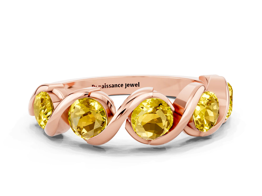 Rose gold Round Yellow Sapphire Wave Band with Channel Setting and Shared Prongs_6