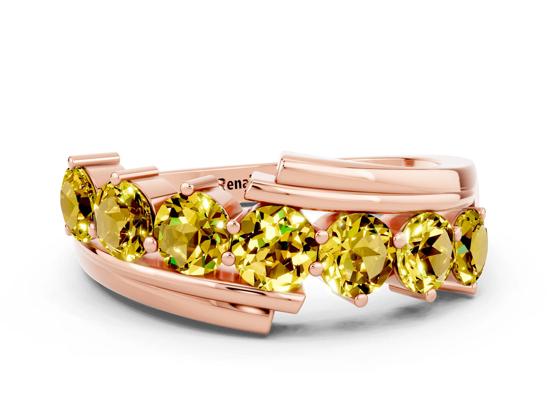 Rose gold Round Yellow Sapphire Wave Band with Channel and Shared Prong Setting_18
