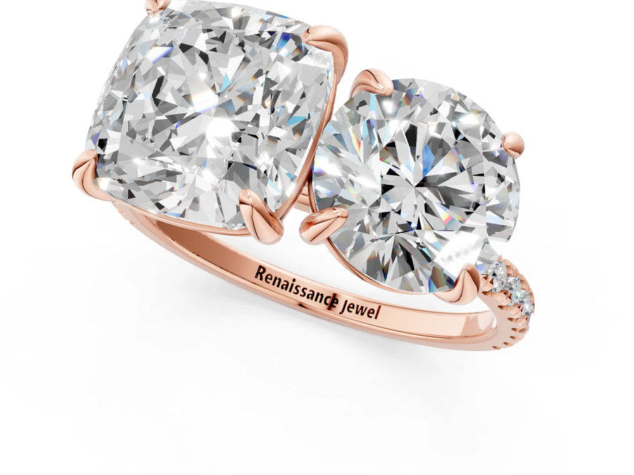 Rose gold Round and Cushion Toi Moi Ring with Prong Setting and Pave Band