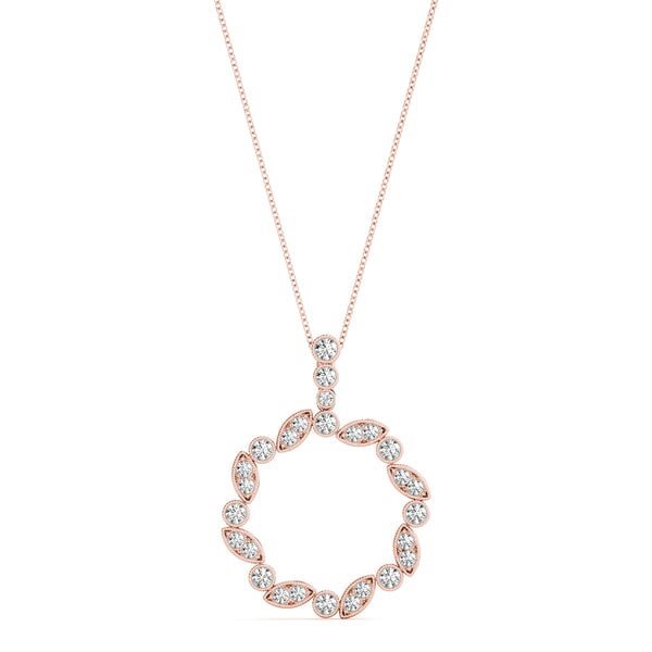 Rose gold Round and Marquise Diamond Circle Pendant with Bezel and Prong Setting