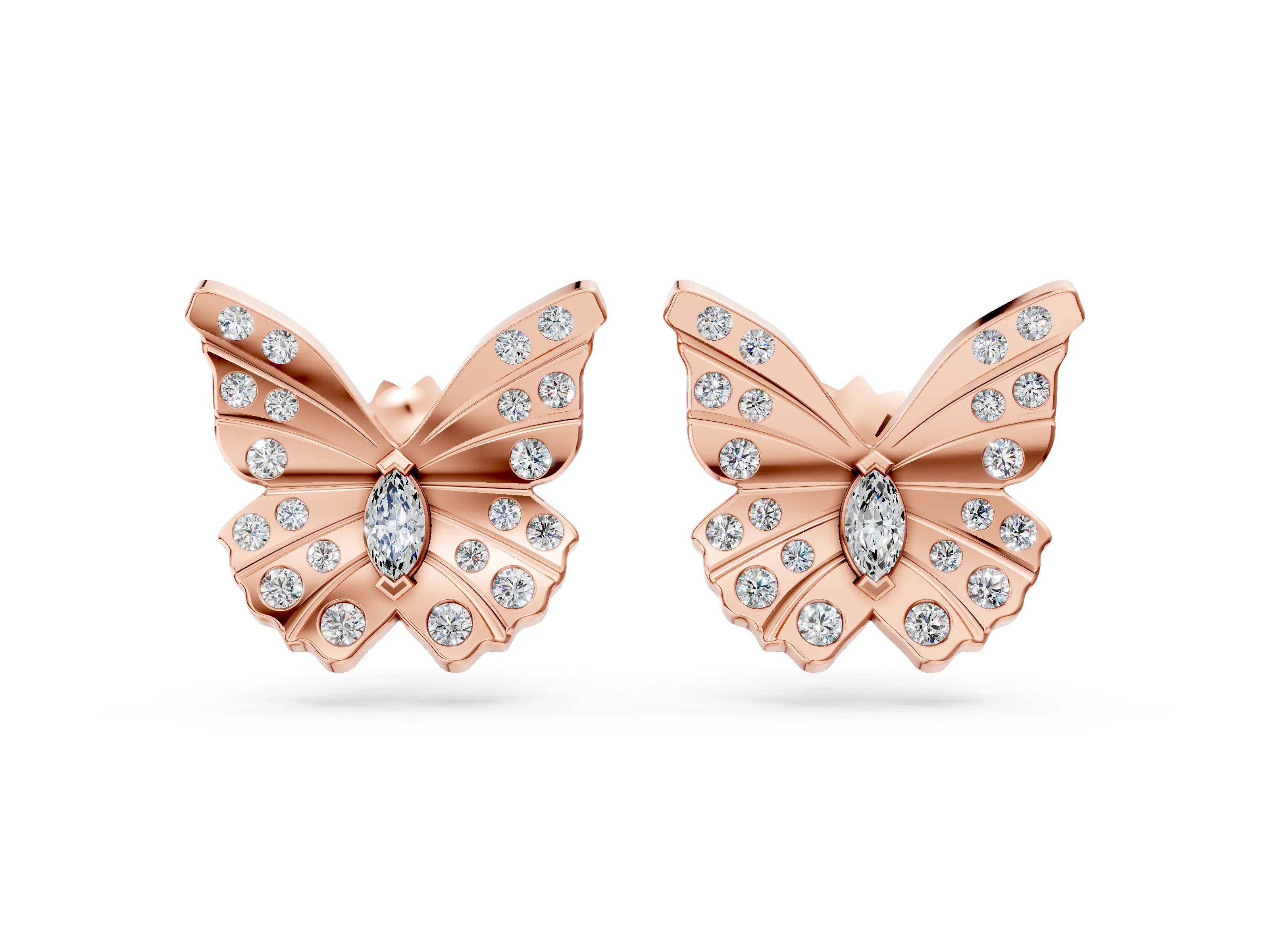 Rose gold Round and Marquise Diamond Flutter Butterfly Stud Earrings_4