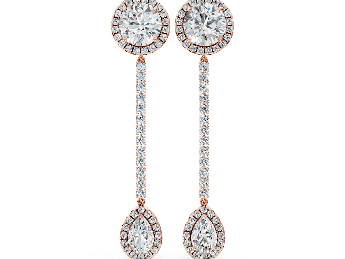Rose gold Round and Pear Diamond Halo Drop Earrings