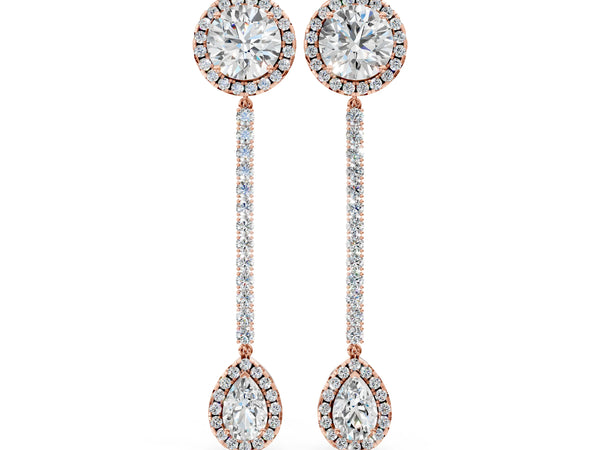 Rose gold Round and Pear Diamond Halo Drop Earrings