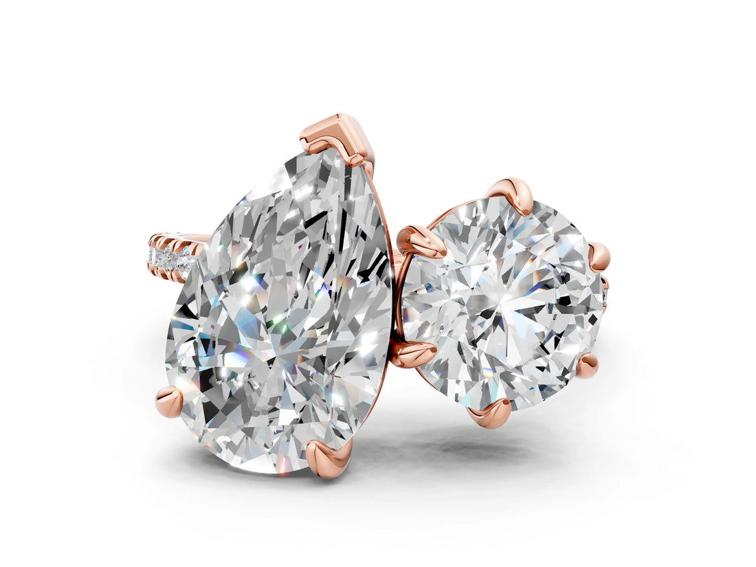 Rose gold Round and Pear Toi Moi Ring with Prong Setting and Pave Band