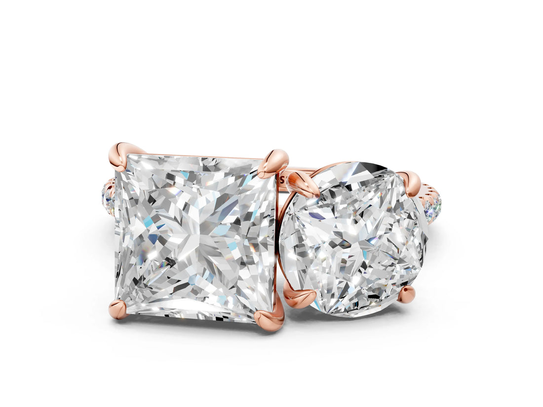 Rose gold Round and Princess Toi Moi Ring with Prong Setting and Micro Pave Band