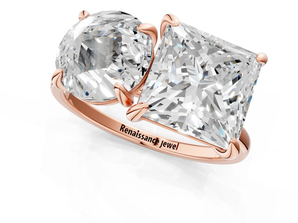 Rose gold Round and Princess Toi Moi Ring with Prong Setting and Plain Band
