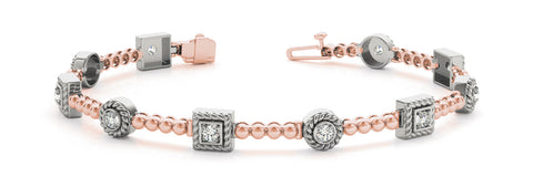 Rose gold Round and Square Bezel Set Diamond Tennis Bracelet with Beaded Band
