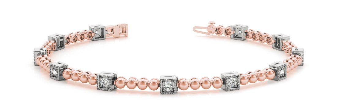 Rose gold Square Bezel Set Round Diamond Beaded Tennis Bracelet