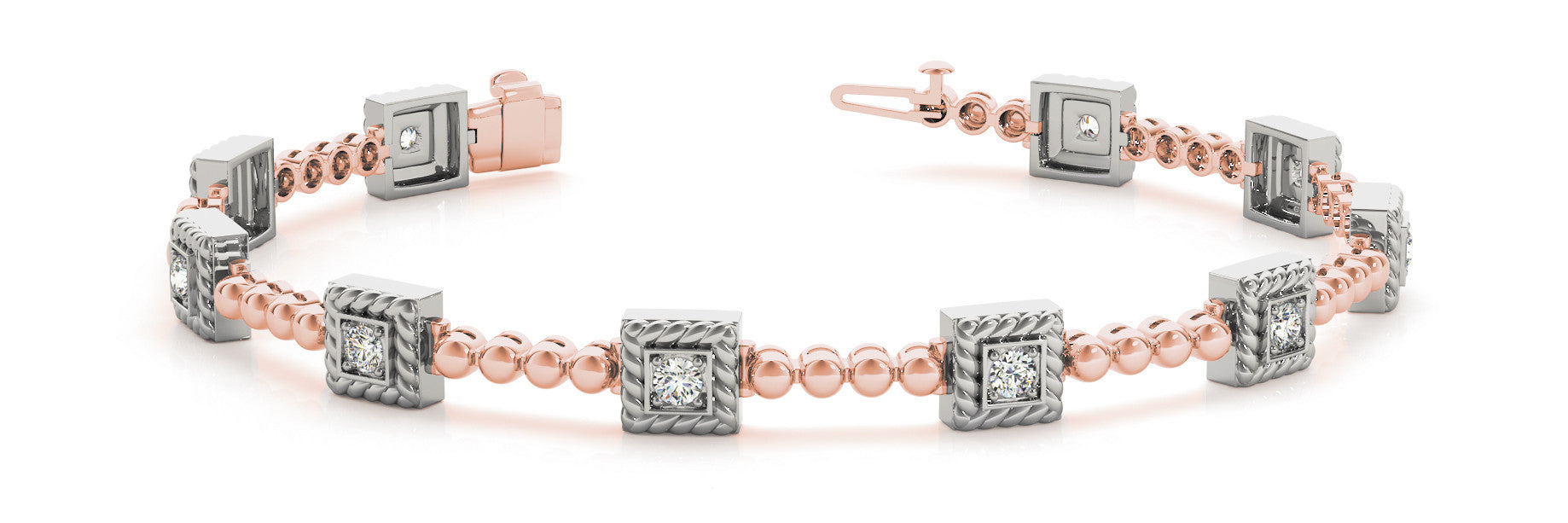 Rose gold Square Bezel-Set Round Diamond Rope Link Bracelet