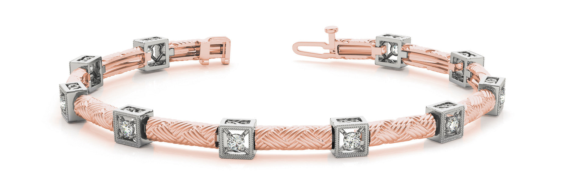 Rose gold Square Box Diamond Bracelet with Round Cut Stones and Braided Band