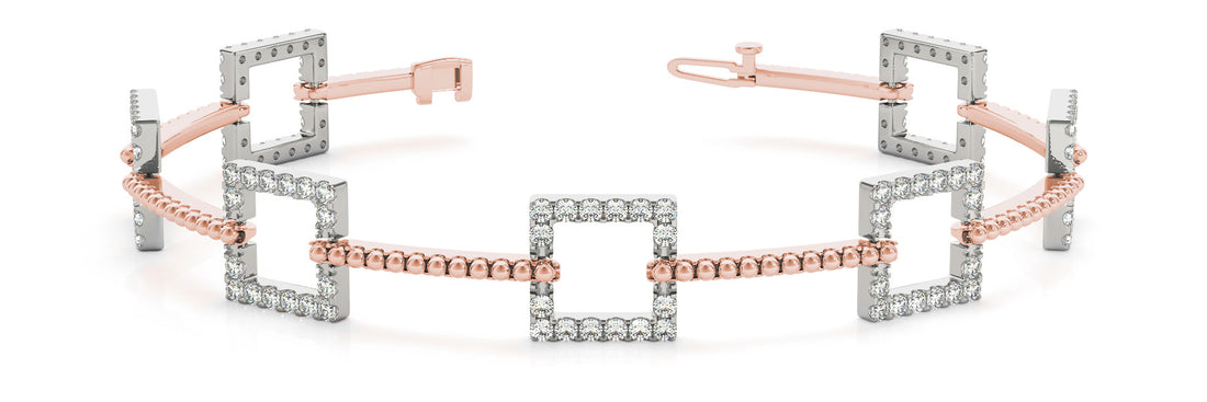 Rose gold Square Diamond Pavé Link Bracelet with Beaded Band and Four-Prong Setting