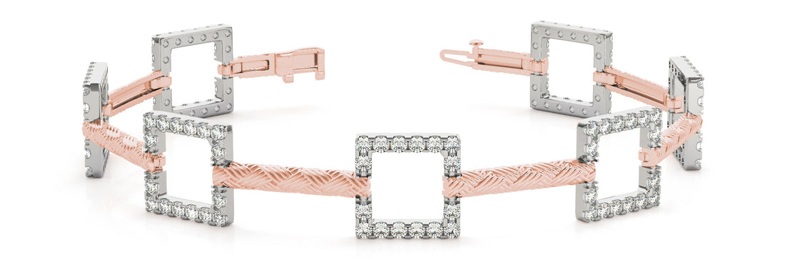 Rose gold Square Diamond Pavé Link Bracelet with Textured Band and Four-Prong Setting