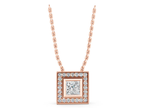Rose gold Square Halo Princess Cut Pendant with Bezel Setting