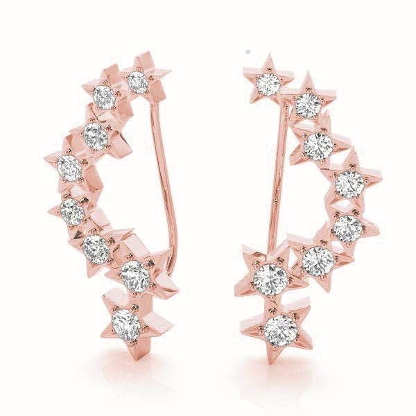 Rose gold Star Cluster Diamond Crescent Earrings with Round Cut Stones on a Curved Band and Prong Setting 1