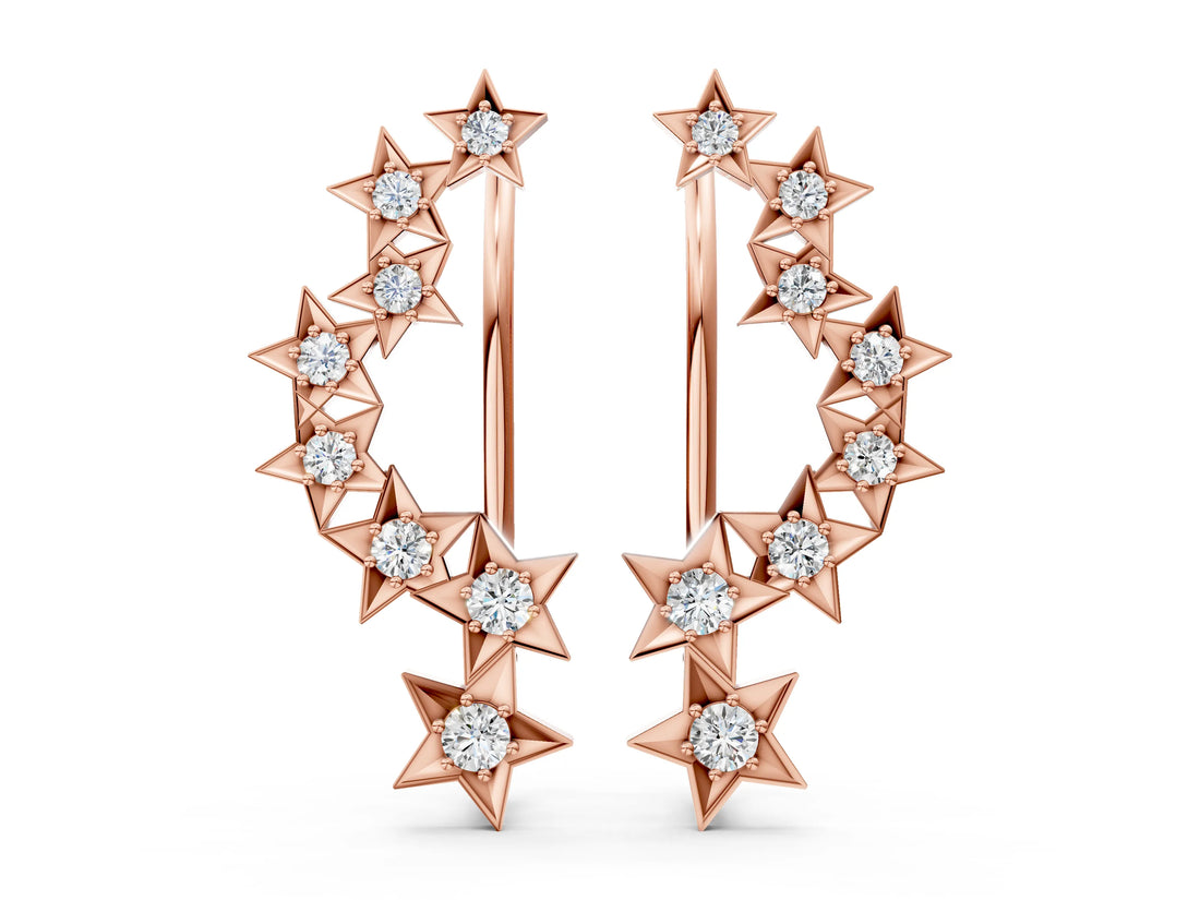 Rose gold Star Cluster Diamond Crescent Earrings with Round Cut Stones on a Curved Band and Prong Setting_12