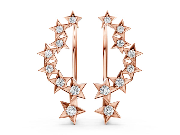 Rose gold Star Cluster Diamond Crescent Earrings with Round Cut Stones on a Curved Band and Prong Setting