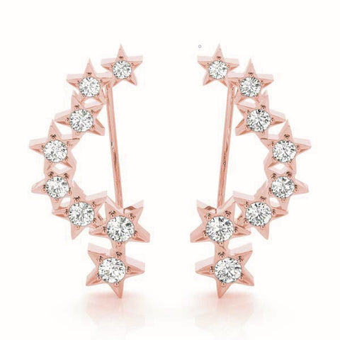 Rose gold Star Cluster Diamond Crescent Earrings with Round Cut Stones on a Curved Band and Prong Setting