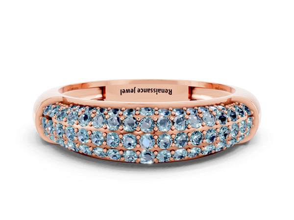 Rose gold Three-Row Pavé Round Aquamarine Dome Band