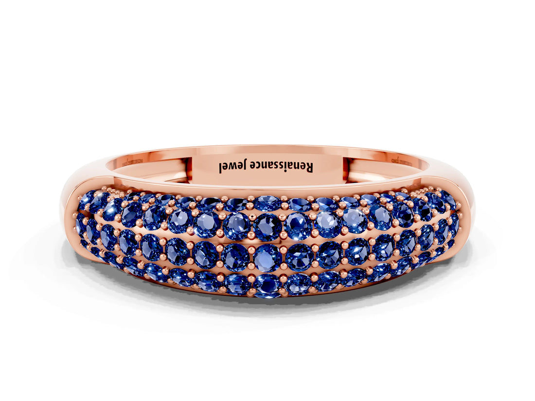 Rose gold Three-Row Pavé Round Blue Sapphire Dome Band_6