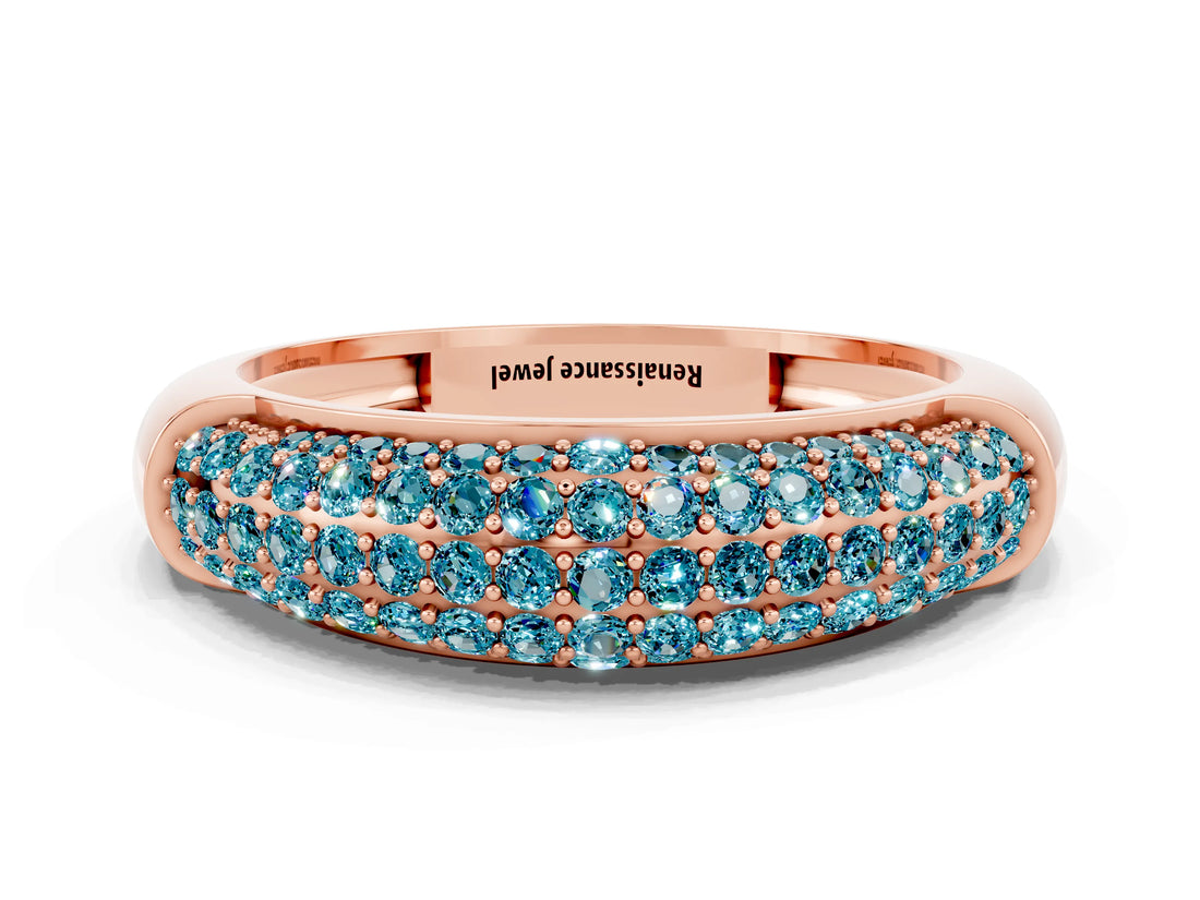 Rose gold Three-Row Pavé Round Blue Topaz Dome Band_6