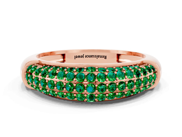 Rose gold Three-Row Pavé Round Emerald Dome Band