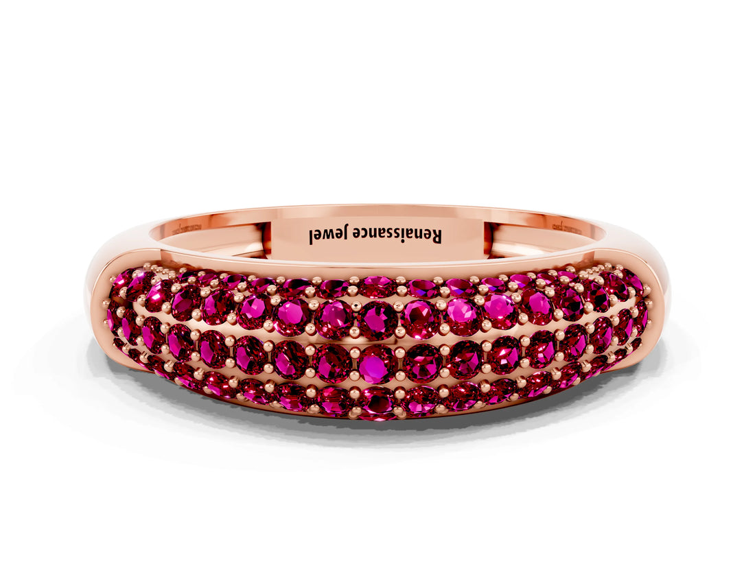 Rose gold Three-Row Pavé Round Garnet Dome Band_6