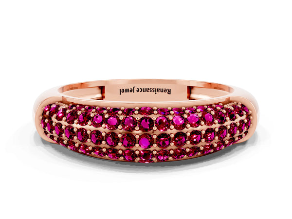 Rose gold Three-Row Pavé Round Garnet Dome Band