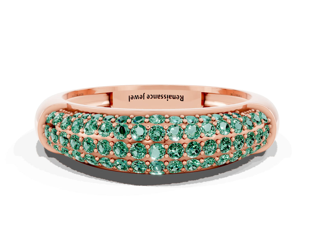 Rose gold Three-Row Pavé Round Green Sapphire Dome Band_6