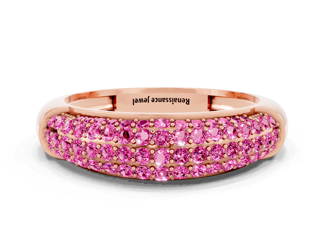 Rose gold Three-Row Pavé Round Pink Sapphire Dome Band_18