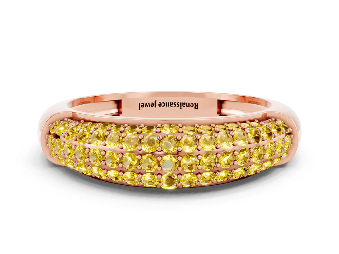 Rose gold Three-Row Pavé Round Yellow Sapphire Dome Band_18